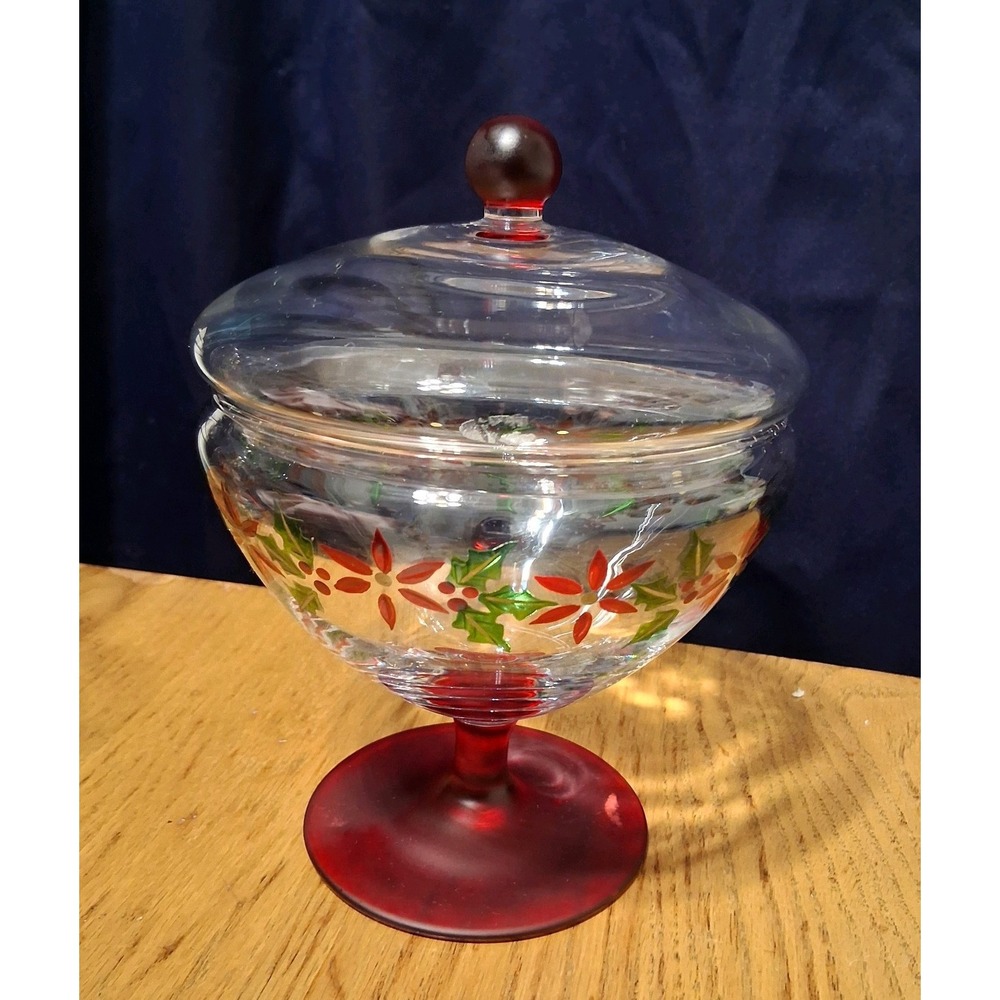 Vtg Retired Christmas Candy Apothecary Jar Frosted Holly Berry Poinsettia Motif